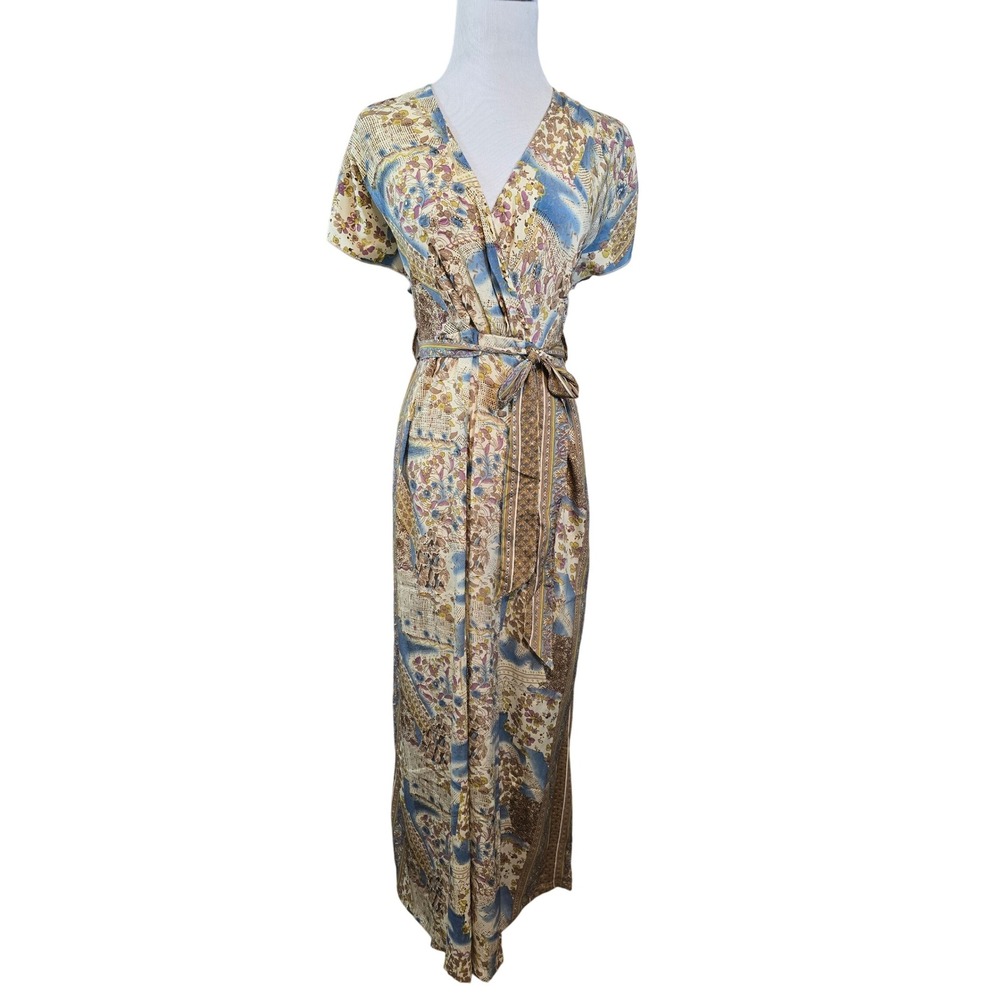 White Waves Paisley Wrap Jumpsuit Wide Leg Tie Waist‎ Boho Festival Size S/M New